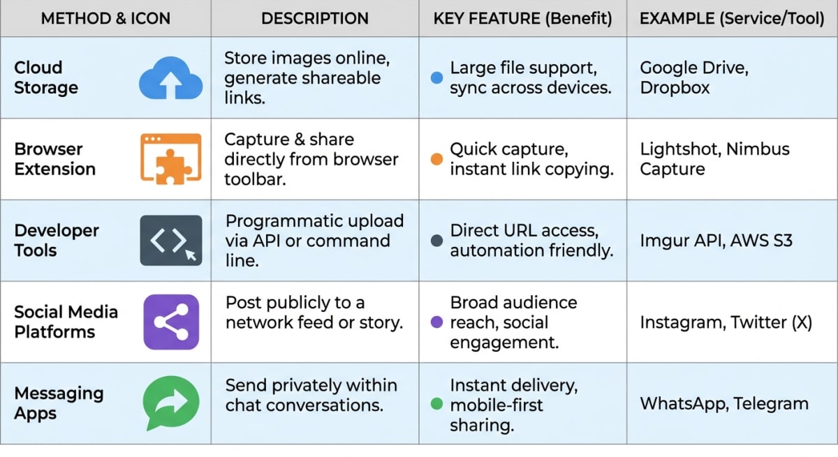 Comparison table of five image to link methods ranked by speed and features