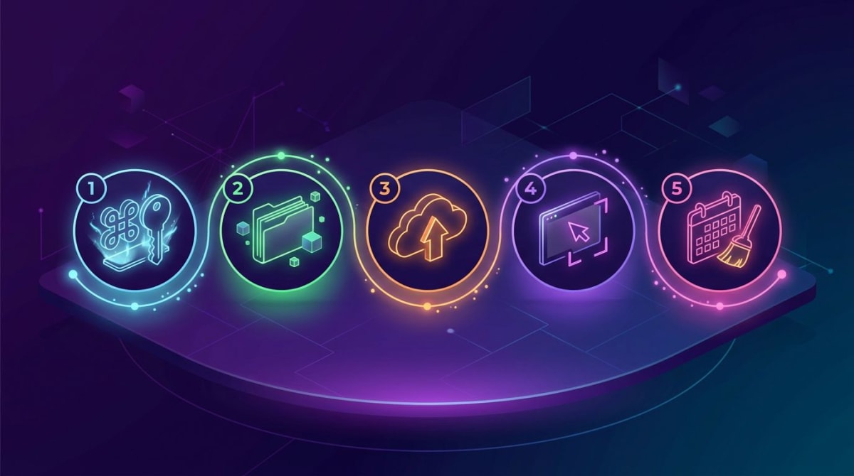 Five-step infographic showing the productive screenshot setup from shortcuts to weekly cleanup on a dark gradient