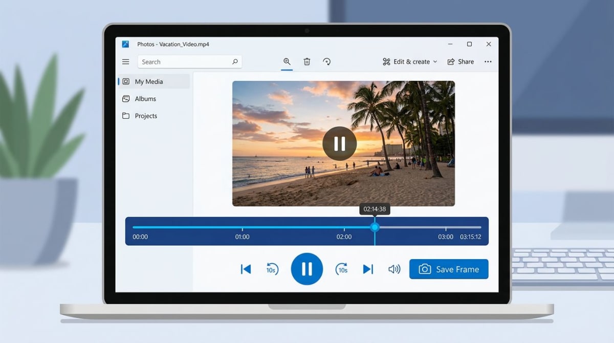 Windows Photos app showing a video timeline with a pause icon and a save frame button