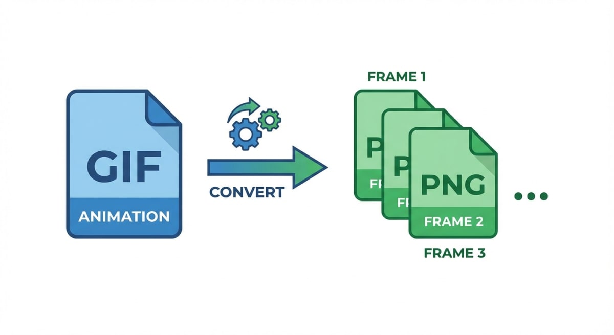 GIF to PNG conversion workflow showing animated GIF being converted into individual PNG frames