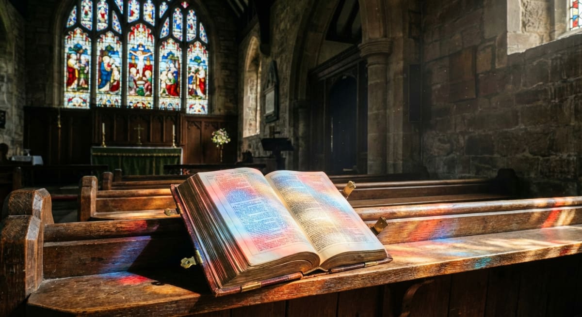 A classic King James Bible in a traditional setting with warm stained glass light