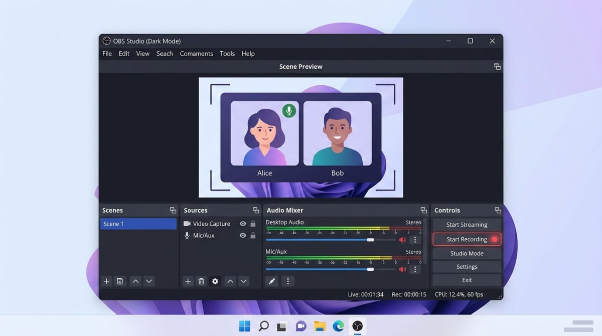 OBS Studio configured to record a Discord call with split audio tracks