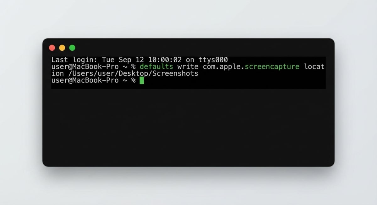 Terminal window showing screenshot location command