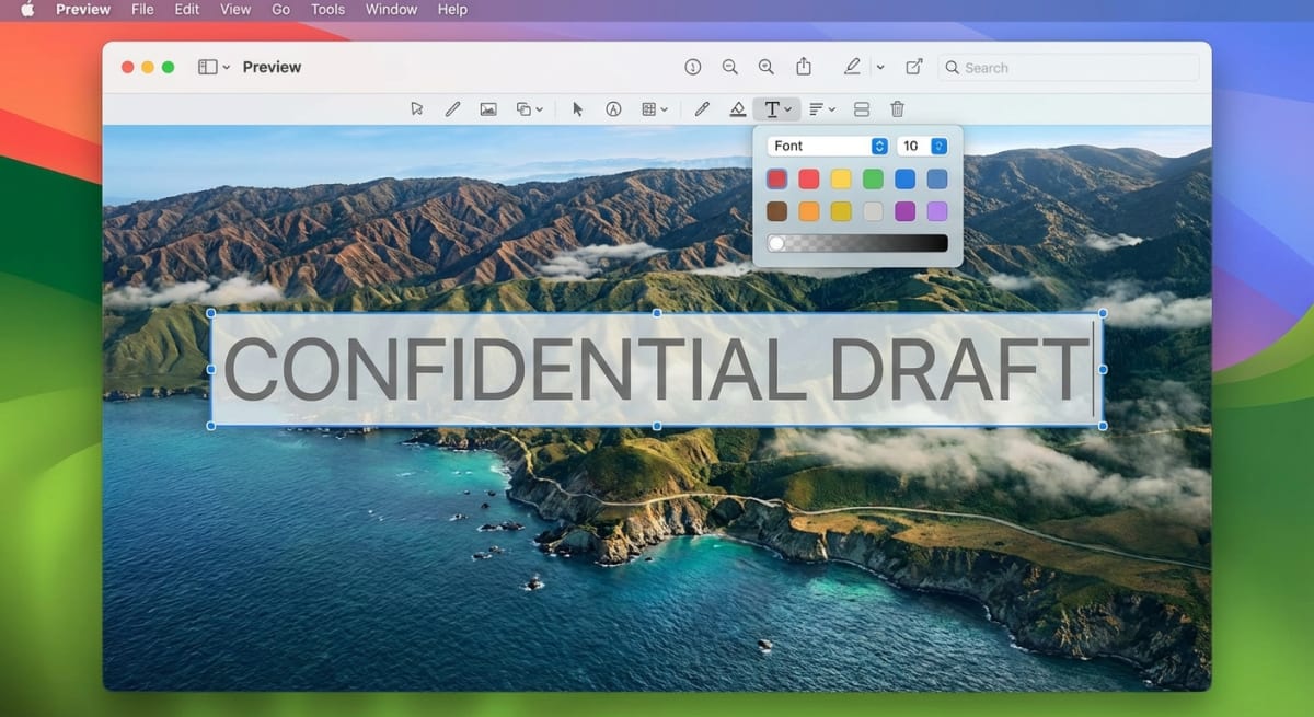 Using Preview's markup toolbar to add a text watermark