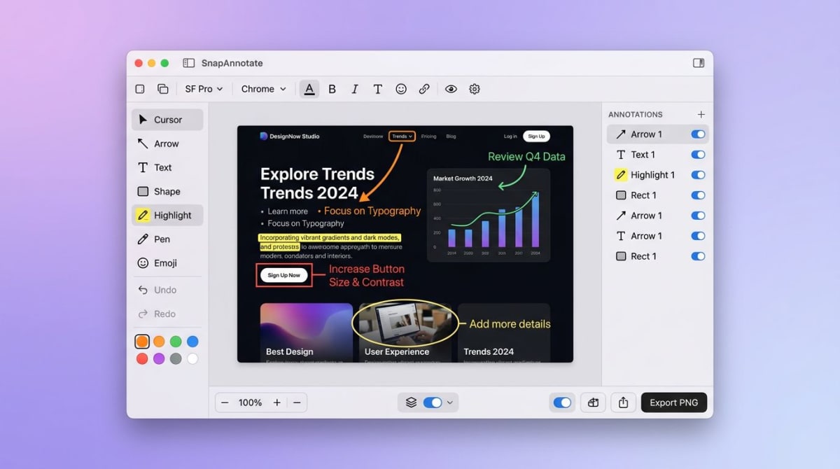 Polished screenshot annotation app interface on purple gradient