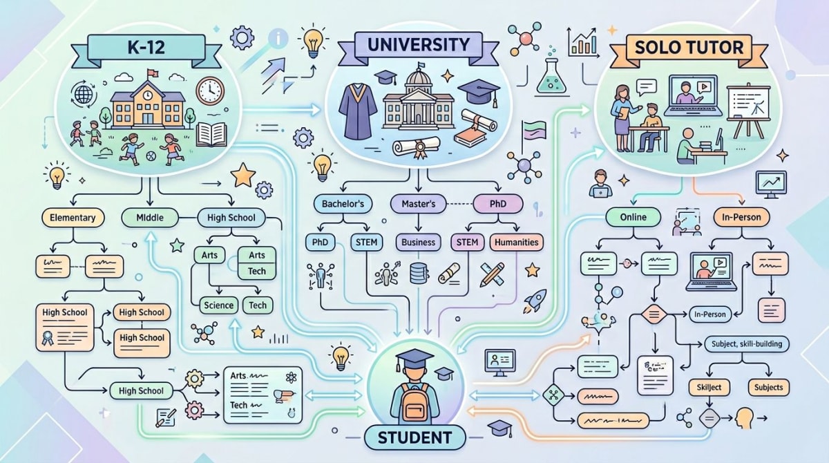 Decision flowchart with paths for K-12, university, tutor, and student