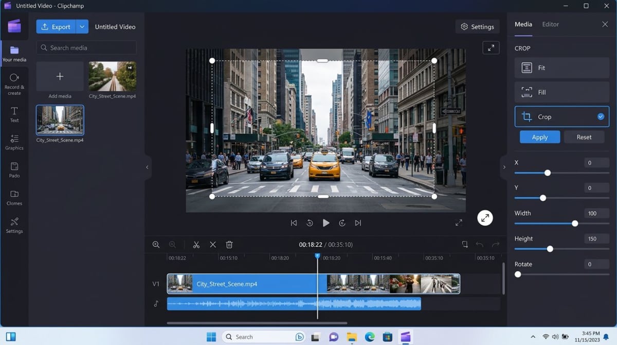 Clipchamp-Video-Editor unter Windows 11 mit aktivem Werkzeug Zuschneiden
