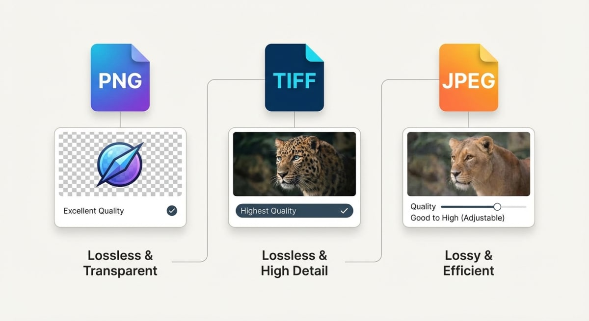 File format comparison showing PNG, TIFF, and JPEG quality differences