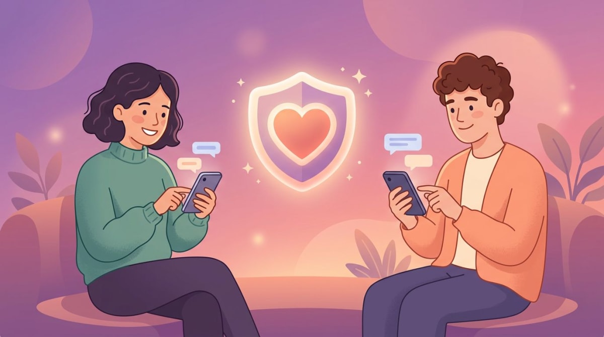 Two people texting respectfully with a shield-and-heart privacy symbol between them