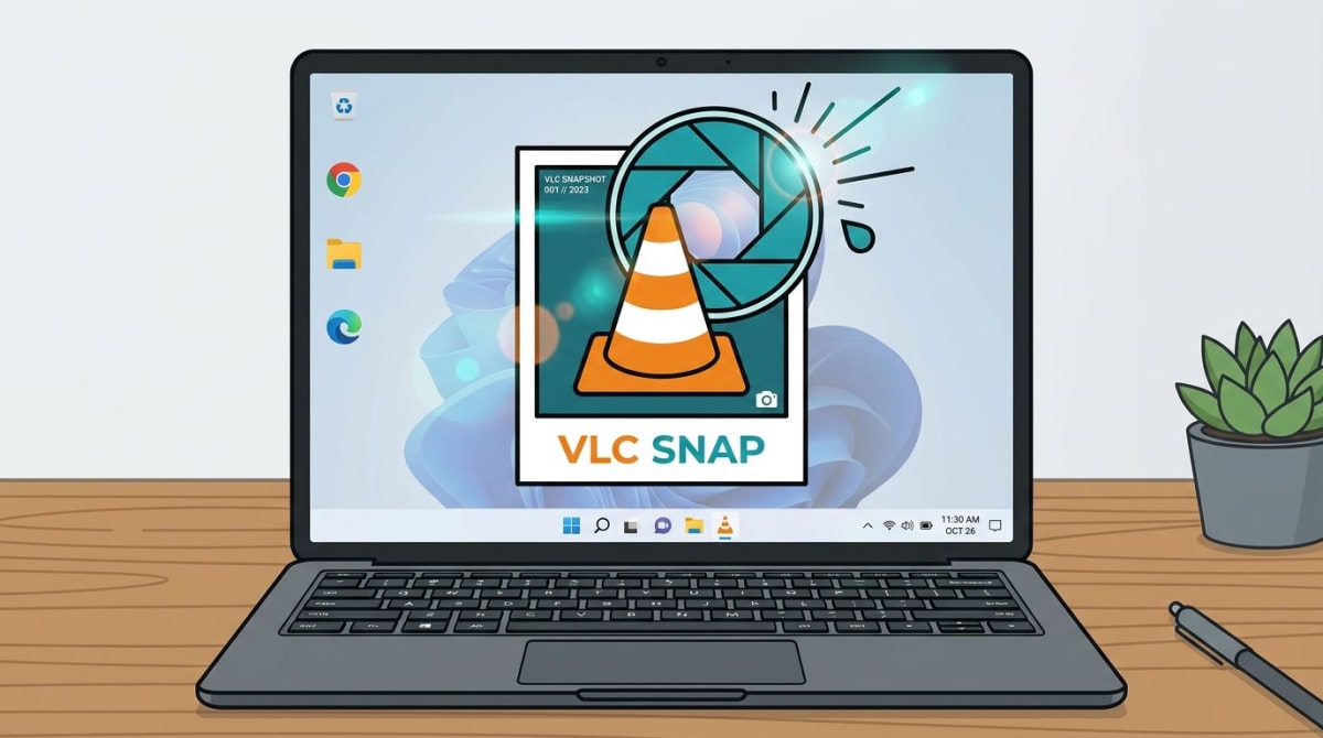 VLC media player with a camera shutter snapshot effect on a Windows laptop screen