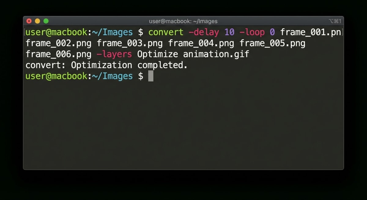 Terminal showing ImageMagick convert command for creating GIFs