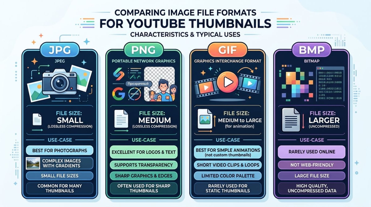 JPG, PNG, GIF, BMP file format comparison for YouTube thumbnails