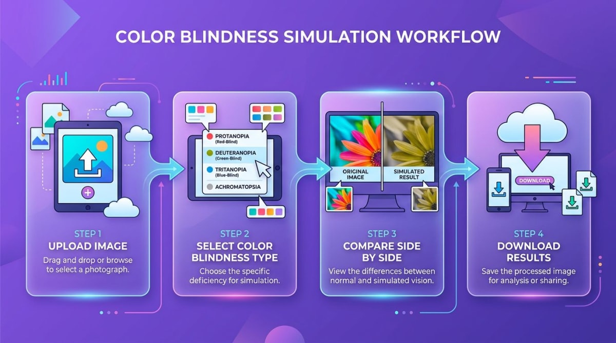 Step-by-step workflow for using the color blindness simulator tool