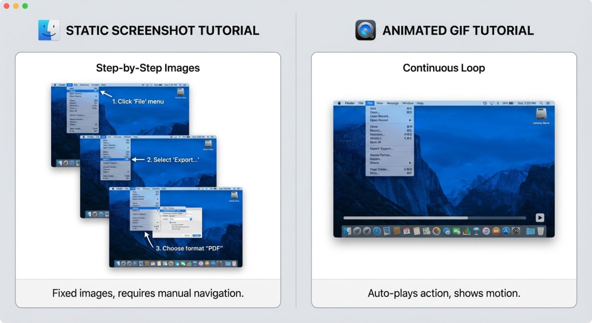 Static screenshots vs animated GIF tutorials