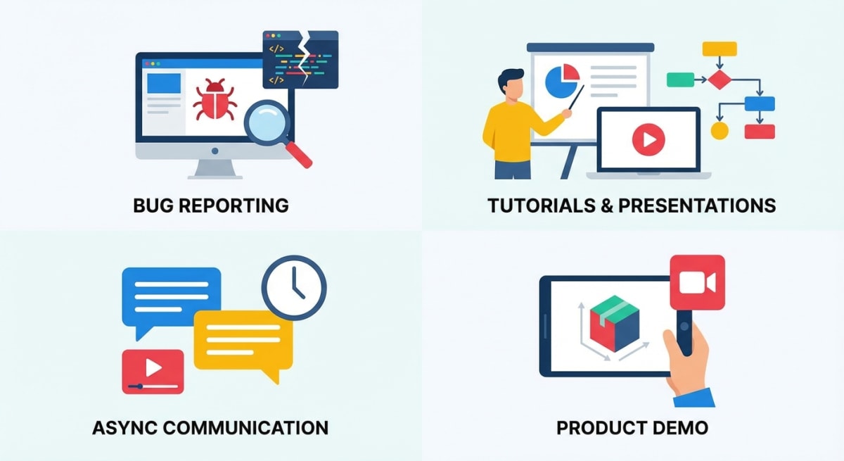 Different screencast use cases: tutorials, bug reports, demos, and async communication
