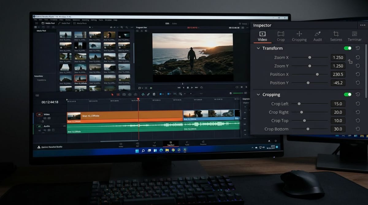 DaVinci-Resolve-Inspector-Panel mit Transformations- und Zuschneide-Einstellungen