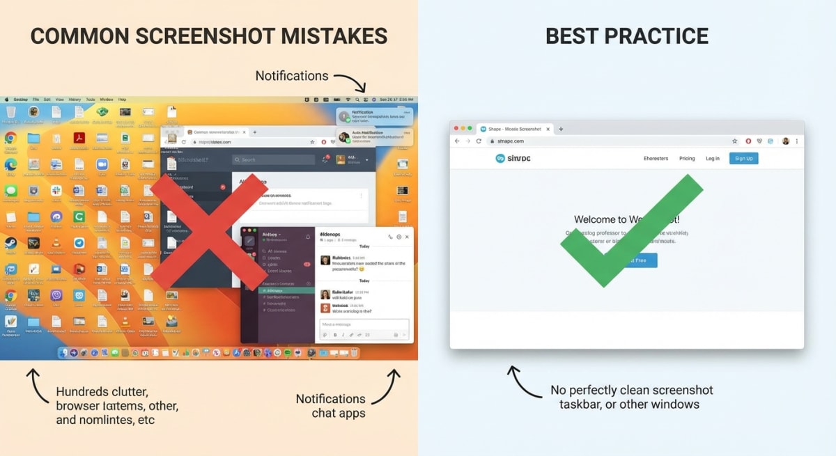 Comparison of common screenshot mistakes: cluttered vs clean capture