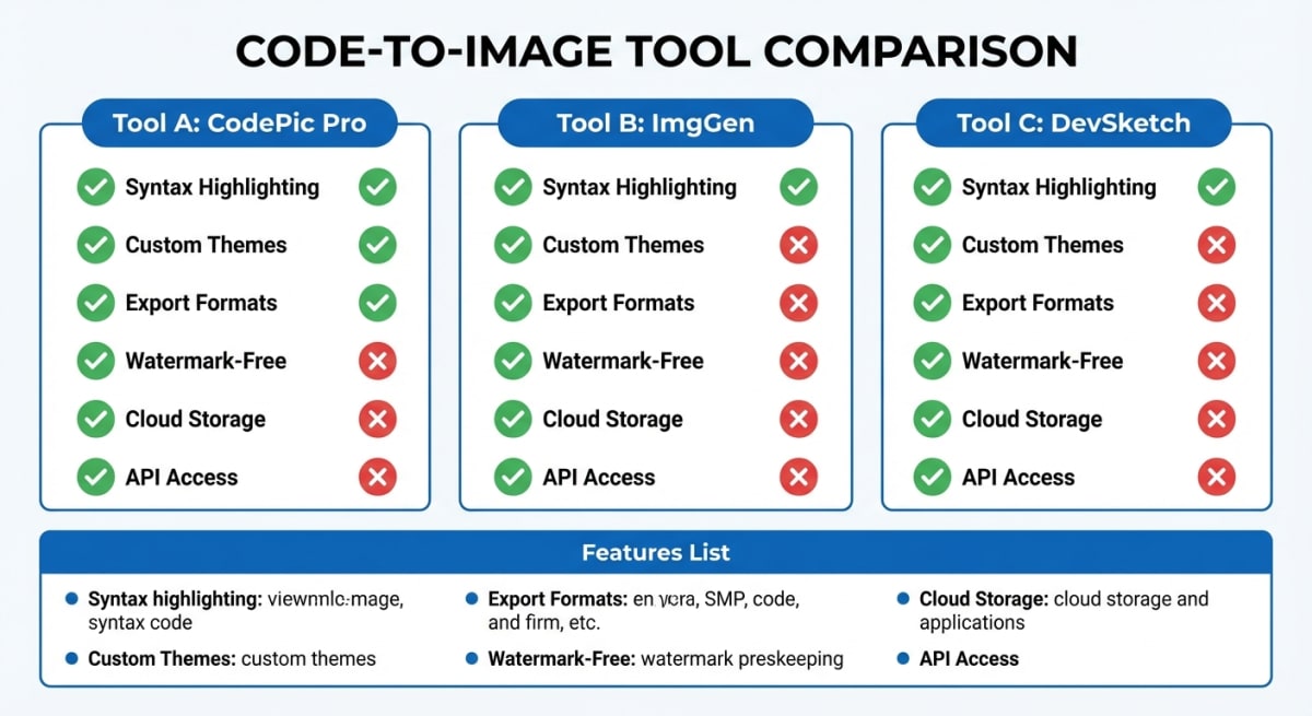 Comparison of code to image tool features