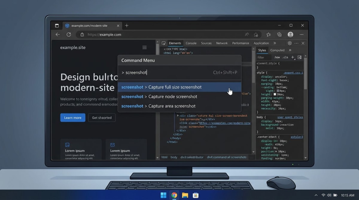 Chrome DevTools Befehlsmenü mit der Option Capture full size screenshot