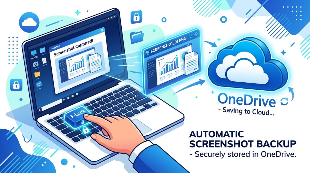 Illustration of OneDrive cloud icon intercepting a Windows screenshot