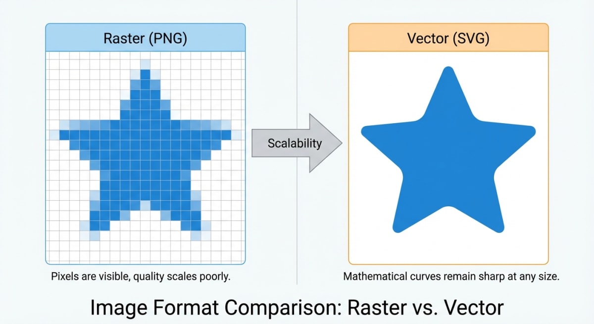 Comparison of raster PNG pixels versus smooth SVG vector curves