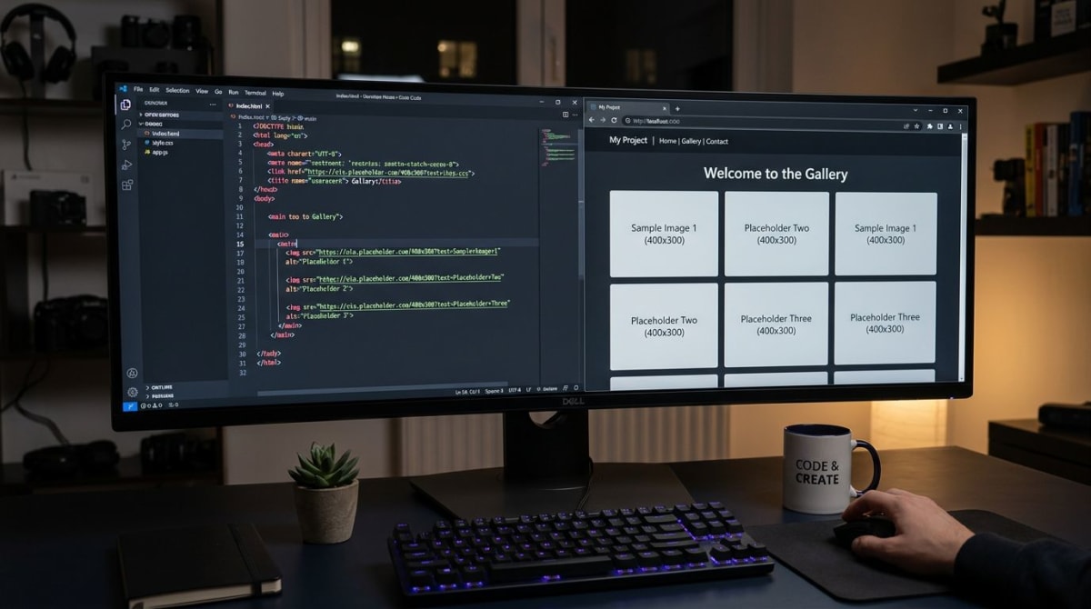 Developer workspace with code editor and browser preview showing placeholder images in a webpage
