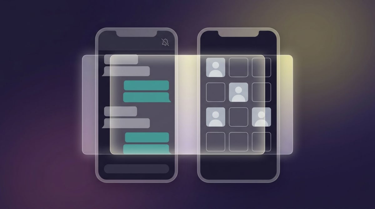 Bumble screenshot notification — two abstract phone screens showing a chat and a profile being captured silently