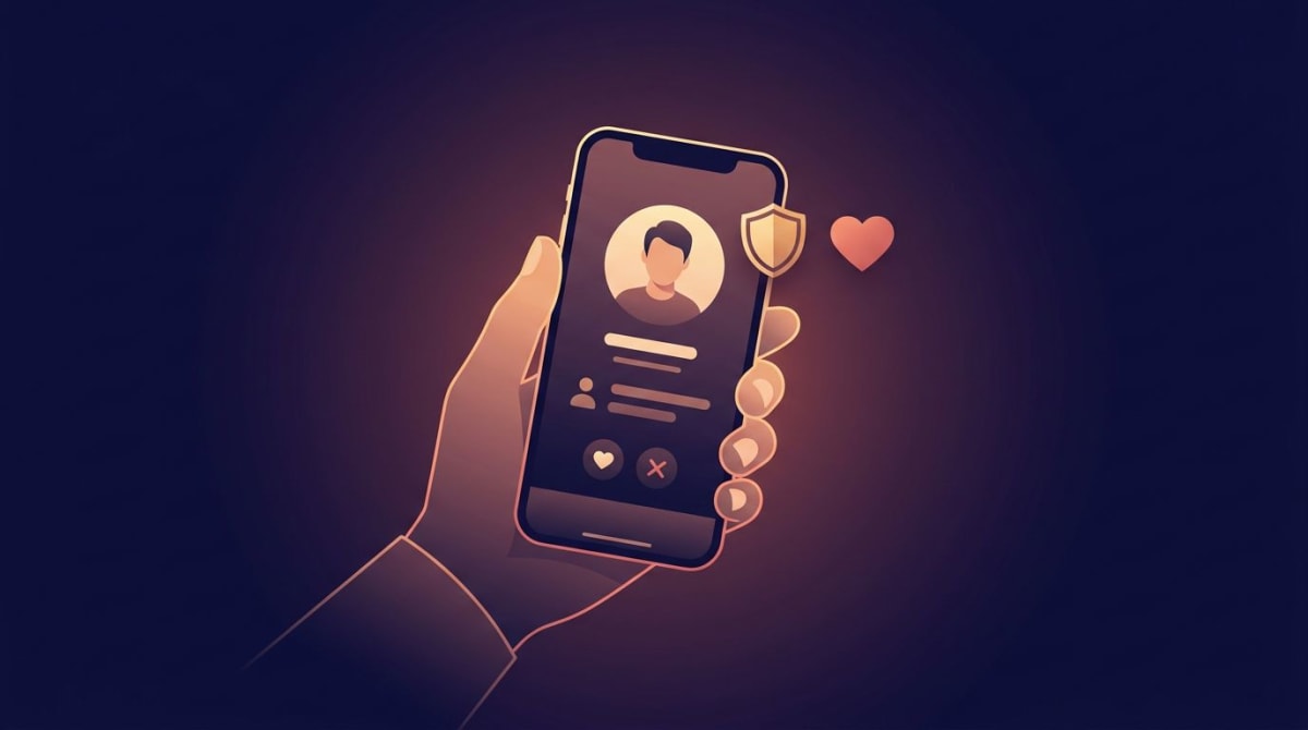 Respectful dating-app privacy — a hand holding a phone with a dating profile, a shield, and a heart icon