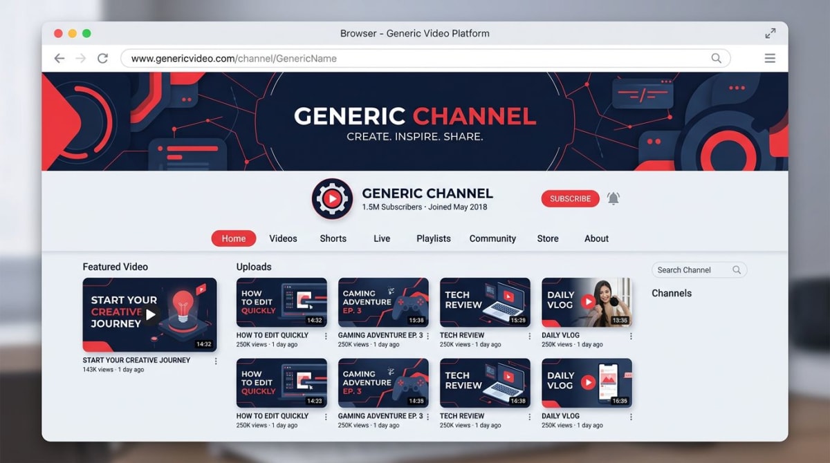 YouTube channel page mockup showing banner placement above the avatar circle and nav tabs