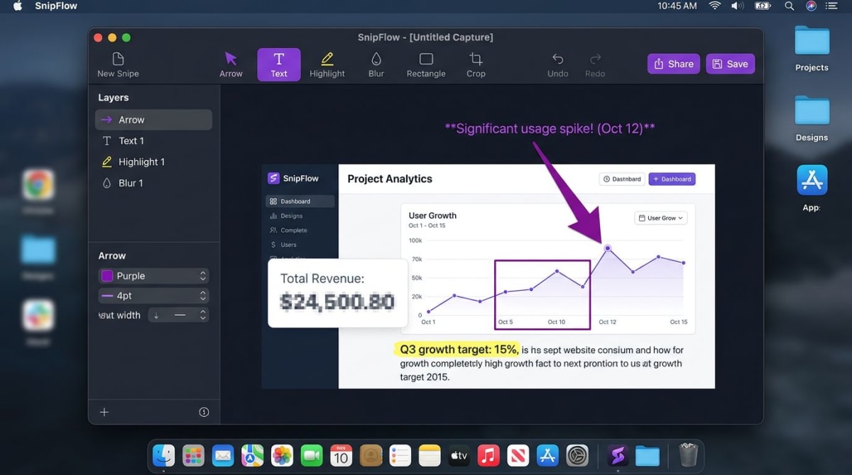 Screenshot tool with annotation features for partial screen captures