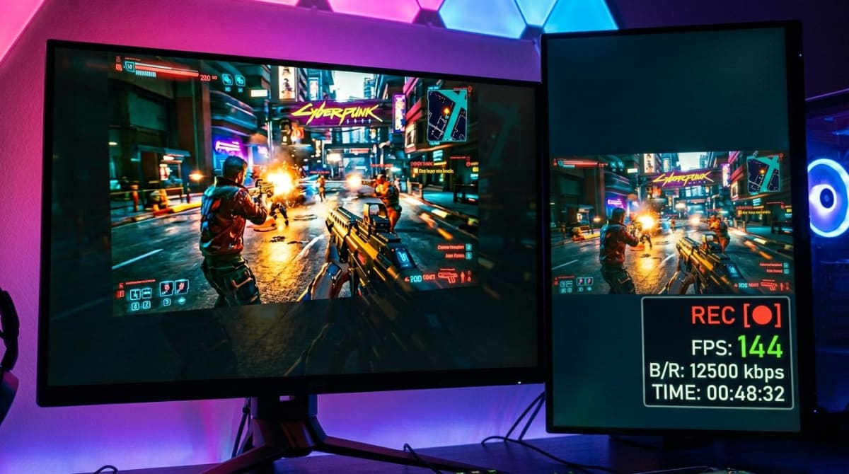 Gaming PC recording high-FPS gameplay with overlay