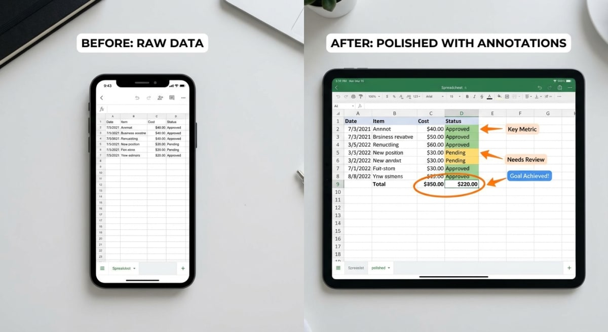 Before and after comparison of Excel screenshot with annotations