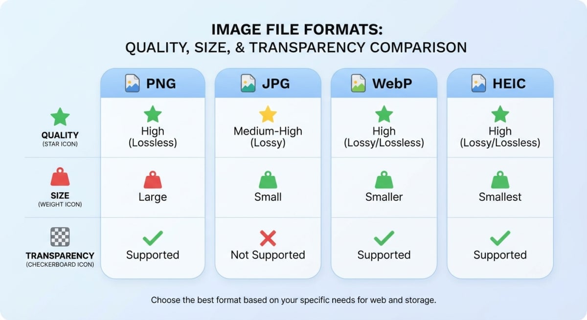Image format comparison chart — PNG vs JPG vs WebP vs HEIC