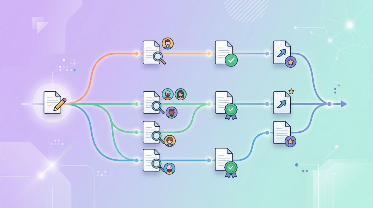 Documentation version control flow with branching review and approval