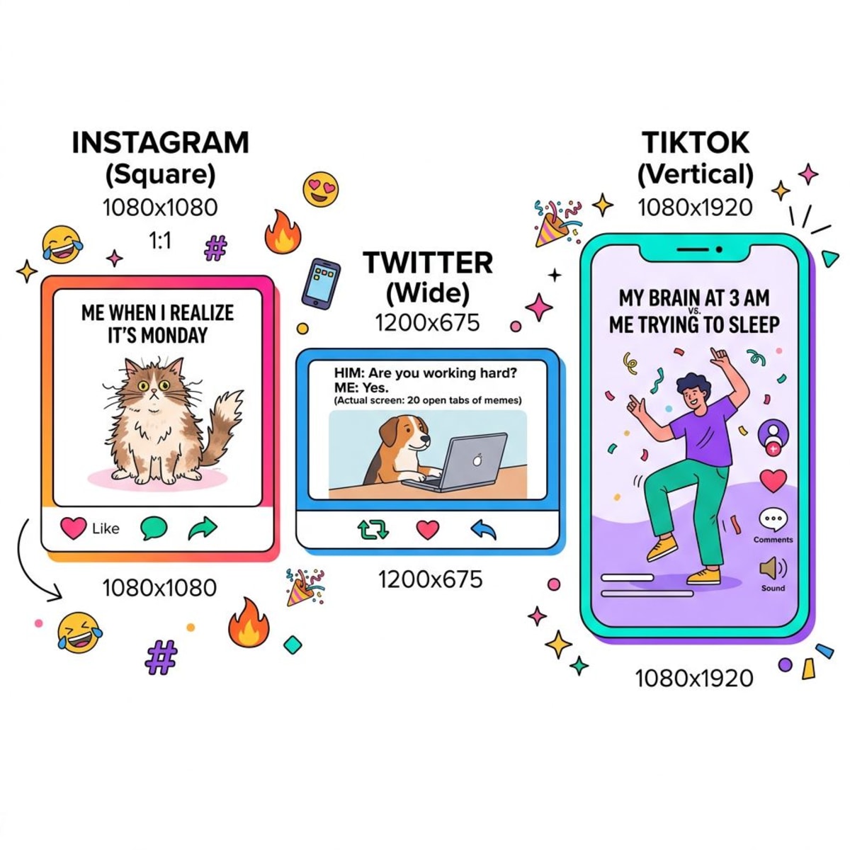 Social media platforms showing different meme sizes for Instagram, Twitter, and TikTok