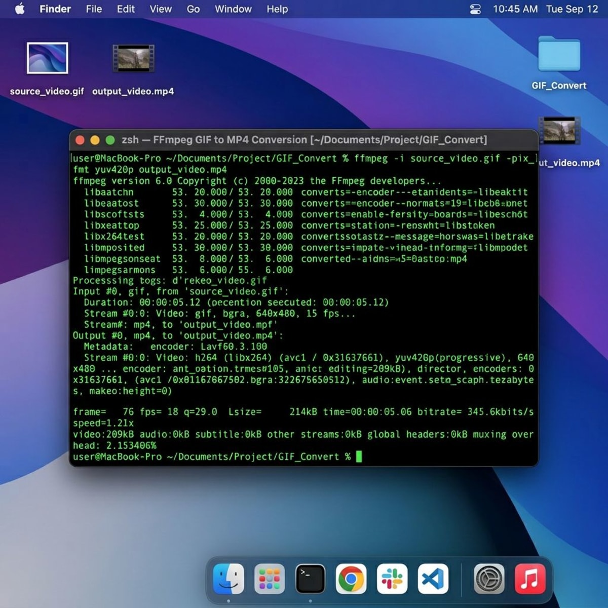 Terminal window showing FFmpeg command for GIF to MP4 conversion