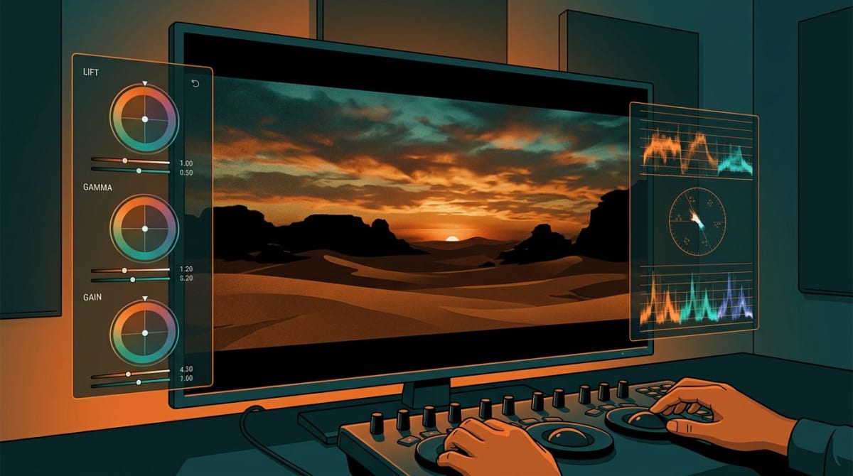 Cineastische Color-Grading-Szene mit einem gegradeten Filmstill auf einem professionellen Monitor mit Farbrädern und Waveform-Scopes