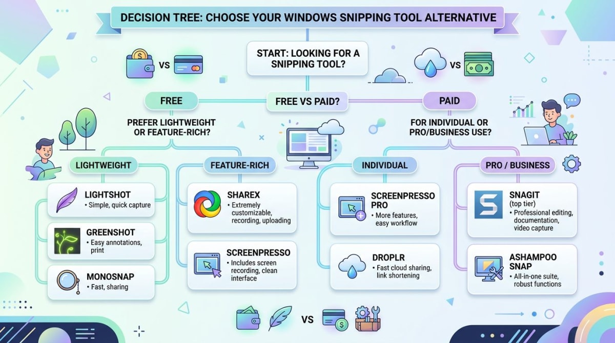 Decision flowchart for picking the right snipping tool alternative