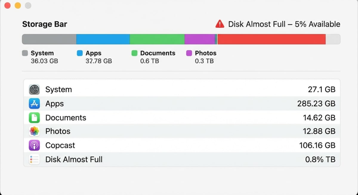 macOS storage bar showing disk space usage nearing full