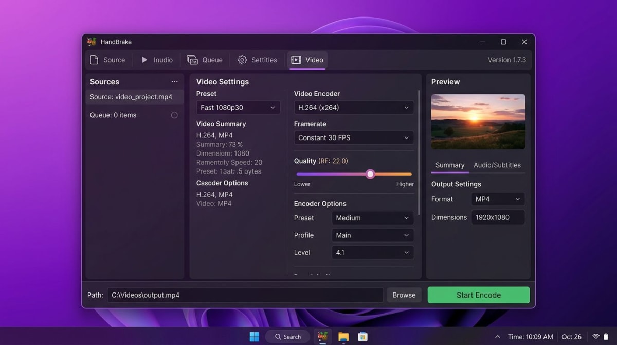HandBrake interface showing video compression settings