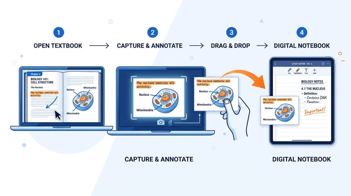 Workflow showing screenshot capture, annotation, and import into a digital notebook