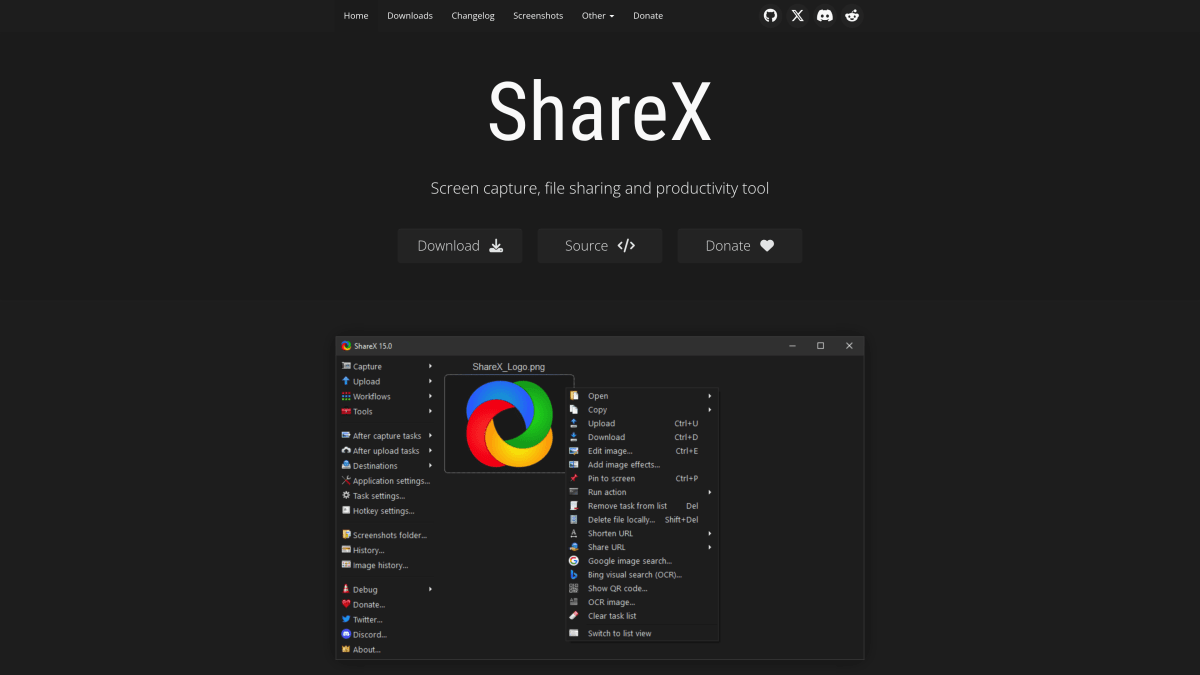 ShareX homepage — free open-source screenshot tool for Windows