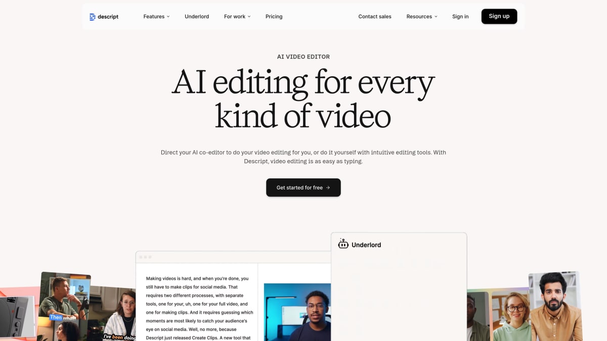 Descript homepage — text-based video editing tool