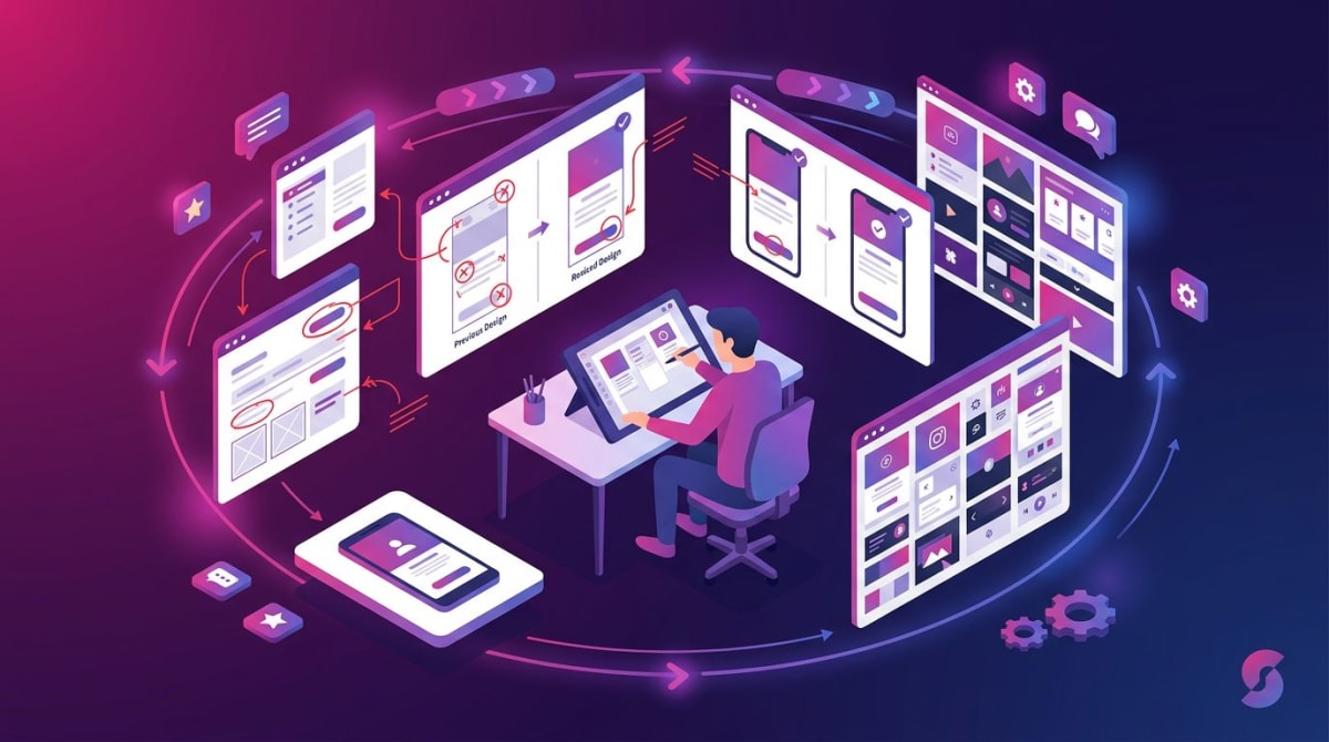 Designer feedback loop illustration with annotated mockup screenshots, before-after frames, and a mood board grid