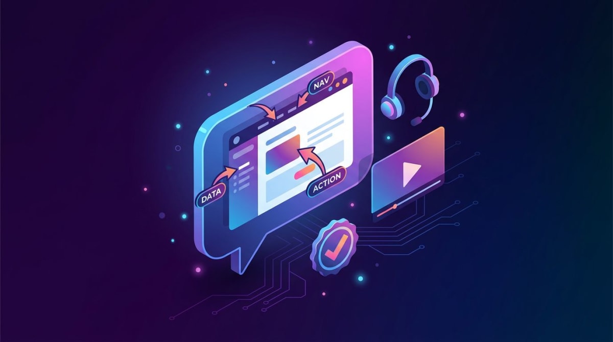 Illustration of a support chat with annotated screenshots and a sales prospect video thumbnail for faster ticket replies