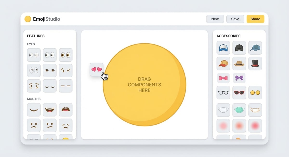 Emoji maker canvas with drag-and-drop component panels