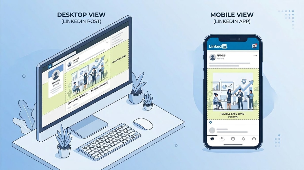 LinkedIn post mobile versus desktop crop showing safe zones