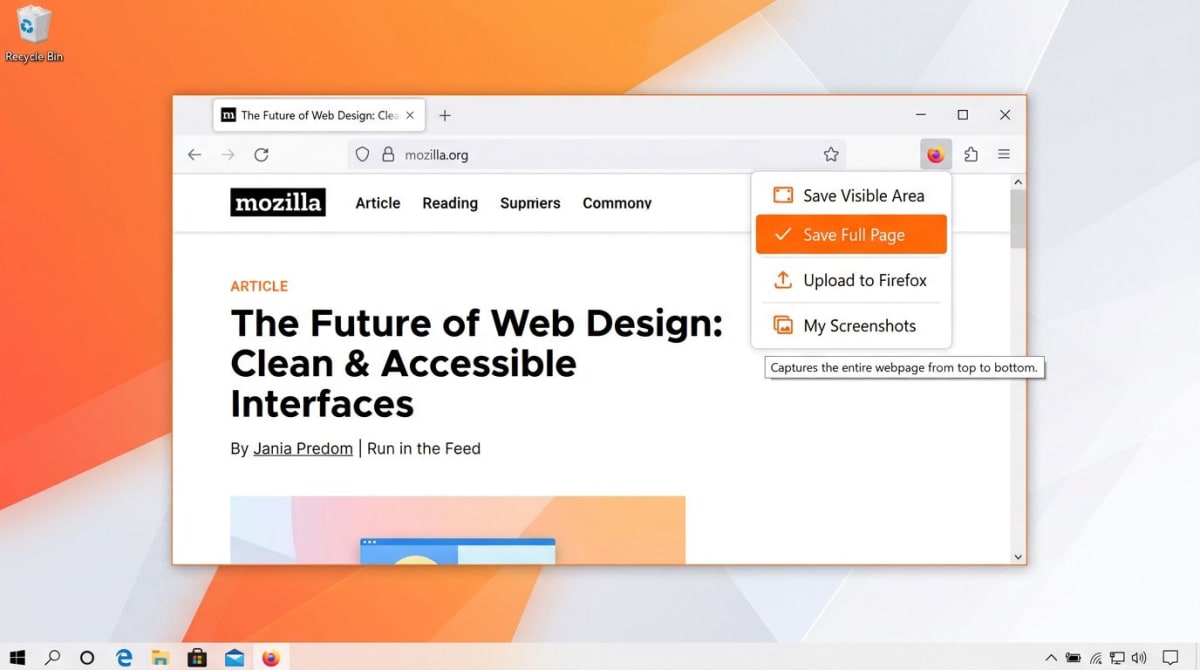 Firefox screenshot tool with save full page option