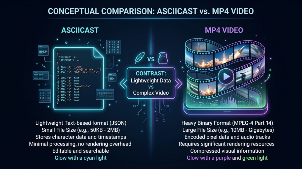 Diagram comparing a small asciicast text file with a much larger MP4 video file