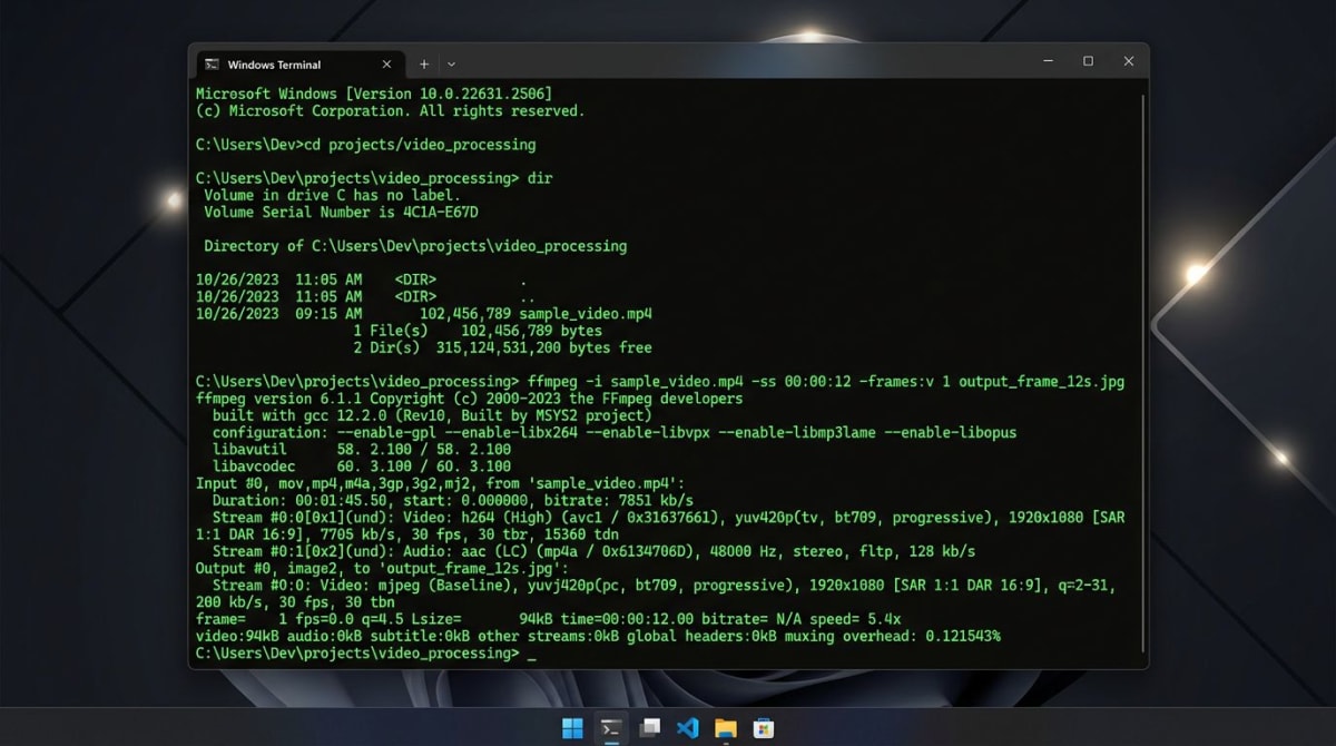 Command prompt on Windows showing ffmpeg code extracting a video frame